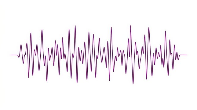 Purple digital sound wave illustration, abstract audio frequency signal, modern music waveform graphic for podcast and radio production