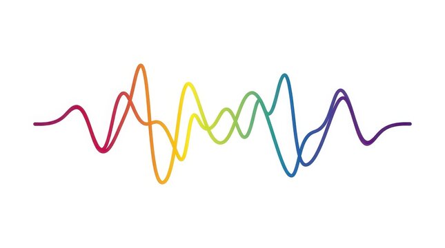 Rainbow sound wave illustration, colorful audio frequency spectrum, vibrant digital signal pulse on white background