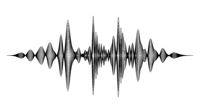 Abstract sound wave illustration, black digital audio equalizer frequency, minimalist music signal waveform on white background