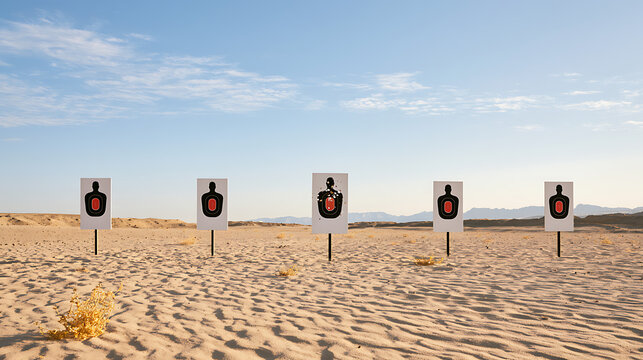 A row of silhouette paper targets stand upright in a vast arid desert landscape under a clear blue sky, ready for target practice