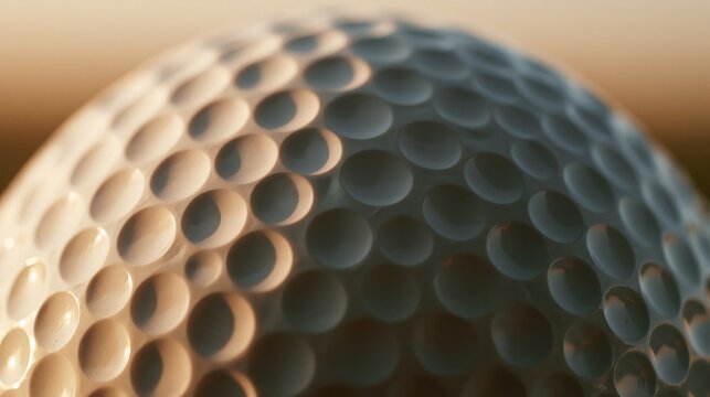 Extreme close up of a white golf ball showing detailed dimple texture under warm lighting.