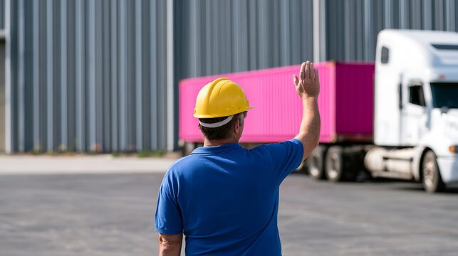 Logistics manager direct semi truck cargo transport container warehouse yard male worker yellow hard hat blue uniform gesture sign vehicle move
