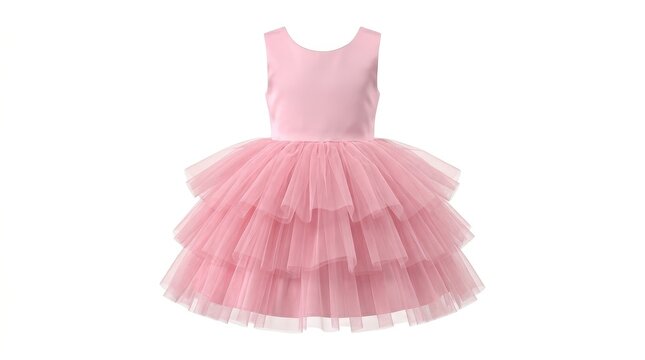 Pink Tulle Dress Childrens Ruffled Layered Skirt Isolated on White Background Studio Shot