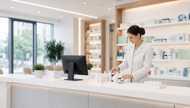 Female pharmacist working at cash register and sorting medicines in modern drugstore with pharmacist pharmacy drugstore register medicine hospital apothecary healthcare interior