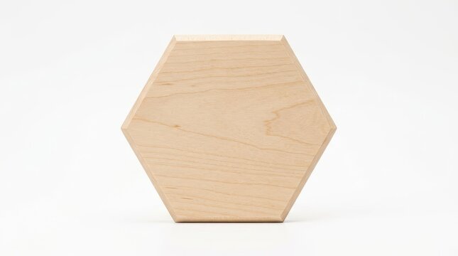 Natural wooden hexagon block on white background. Minimalist wood geometric shape, light timber honeycomb tile for craft and design.