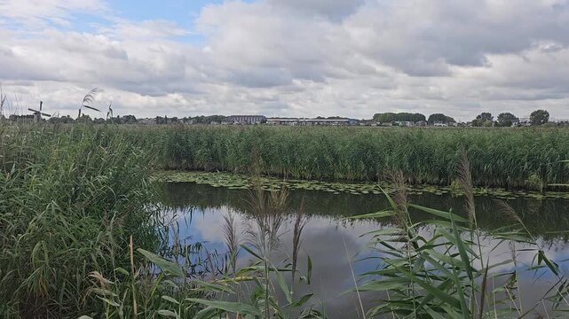 Building viewed in distance with windmill canl in holland smartphone video