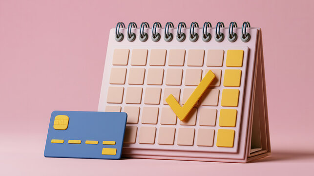Subscription payment calendar with check mark and bank card