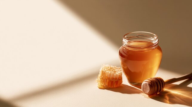 Glass jar of honey with a wooden dipper on a warm neutral surface, natural sweetness, minimalist food, artisanal product.