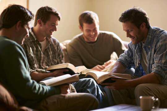 A group of enthusiastic young men sits in an ordinary living room with plain books open, in small-group discussion. Book club, bright, domestic, copy space Bible study Christian prayer group meeting

