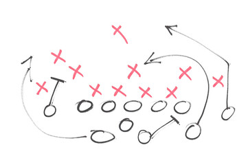 Naklejka premium Hand draw strategy game, American football tactics, sketched gruge black marker, isolated on white backgroud, clipping path, design elements, transparency 