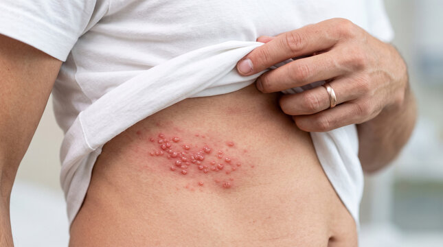 Close-up of shingles herpes zoster blister rash on irritated skin, clustered fluid-filled blisters with redness and inflammation, realistic dermatology medical concept, shingles, herpes zoster, bliste