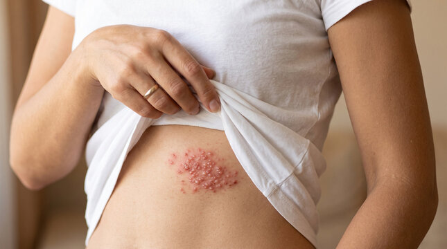 Close-up of shingles herpes zoster blister rash on irritated skin, clustered fluid-filled blisters with redness and inflammation, realistic dermatology medical concept, shingles, herpes zoster, bliste