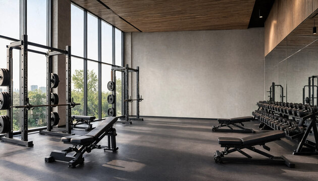 Spacious modern fitness center interior featuring weight racks benches and large glass gym interior workout room health club training facility exercise area strength training gym hall