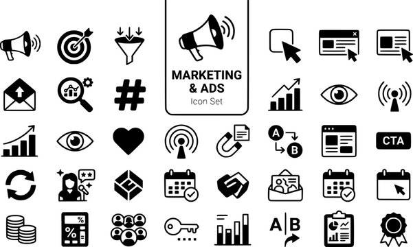 Marketing Advertising Icon Set Megaphone Target Funnel Click Ad Banner Email SEO Hashtag Analytics Impressions Engagement Lead Magnet Vector