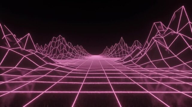 Retro 80s Synthwave Neon Pink Grid Horizon Wireframe Landscape 3D Loop Animation