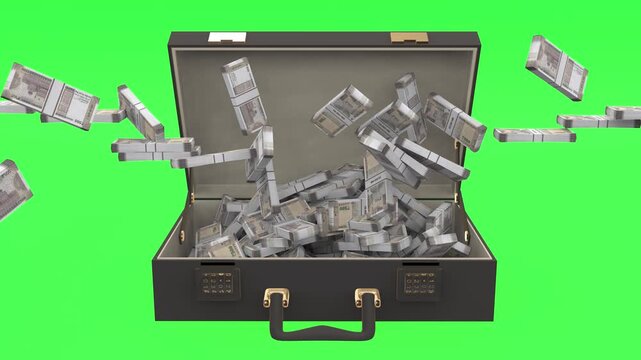 Indian rupee banknotes flying from all directions into an open briefcase