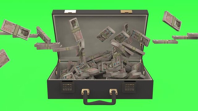 Japanese yen banknotes flying from all directions into an open briefcase