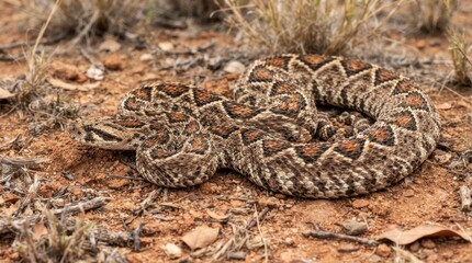 Obraz premium Rattlesnake on the Desert Floor: A coiled rattlesnake with its distinctive diamond pattern scales rests on dry, sandy ground in a arid landscape, showcasing its camouflage and primal beauty.