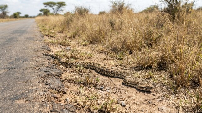 Dangerous Serpent by the Roadside: A venomous snake with striking patterns slithers across dry grass beside a desolate road, embodying the raw and untamed spirit of the wild.