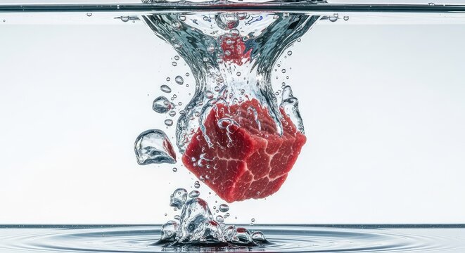 A raw beef steak cube falls into clean water with a dramatic splash, featuring bubbles and ripples in a detailed macro high-speed capture, cooking, raw, red