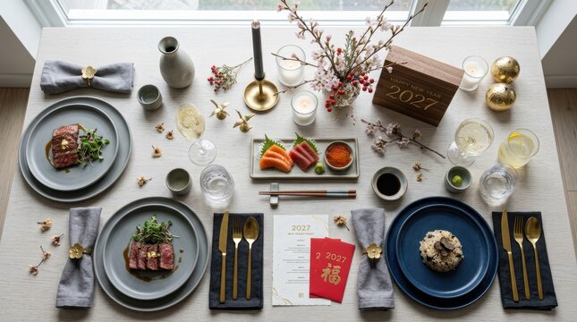 Elegant Dining Setup: A beautifully arranged table setting with gourmet dishes, sake, and festive decorations, creating an atmosphere of refined celebration.