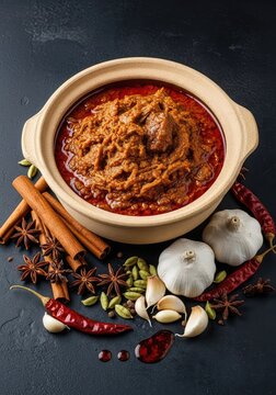 A slow-cooked mutton curry with a thick rustic texture served in a traditional clay pot, surrounded by whole spices and garlic bulbs, garlic, aroma, handi