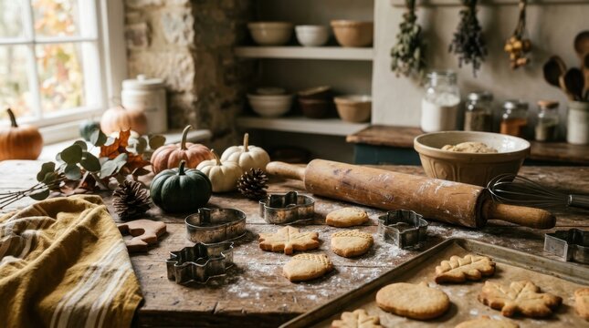 Autumn Baking Bliss: A rustic kitchen scene brimming with the warmth of autumn, featuring freshly baked cookies, pumpkin, and baking essentials on a wooden counter, perfect for cozy season content.