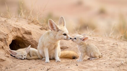Naklejka premium Fennec Fox Family Moment: A tender moment unfolds as a fennec fox gently nuzzles its young in the arid desert landscape, with another pup resting nearby.