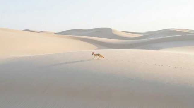 Lone Fox on Sand Dune: A solitary fox trods across a vast expanse of undulating sand dunes under a pale, serene sky, its shadow stretching long behind it.