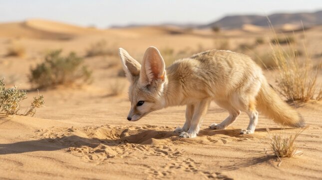 Fennec Fox in Desert Dunes: A curious fennec fox, with its remarkably large ears adapted for the desert, explores sandy dunes under a bright sky, showcasing the unique wildlife of arid landscapes.