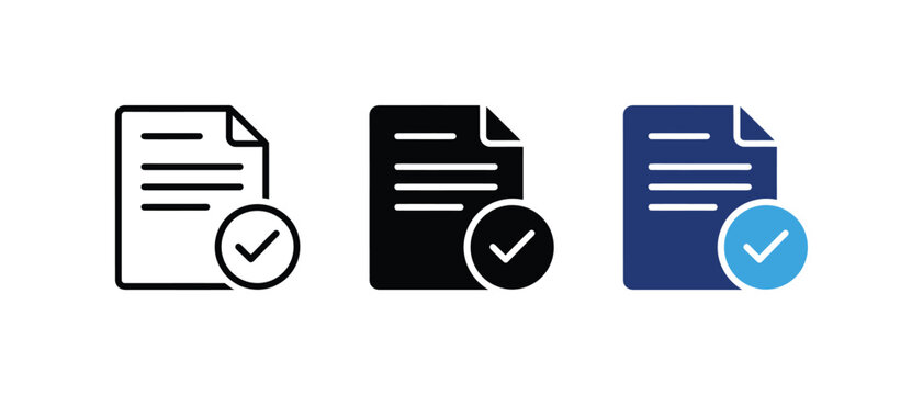 File verified check mark icon, document approval acceptance symbol, paper agreement compliance sign, completed task confirmation graphic. Vector illustration