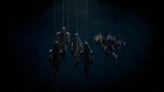 Suspended hooded figures in a dark, ethereal setting