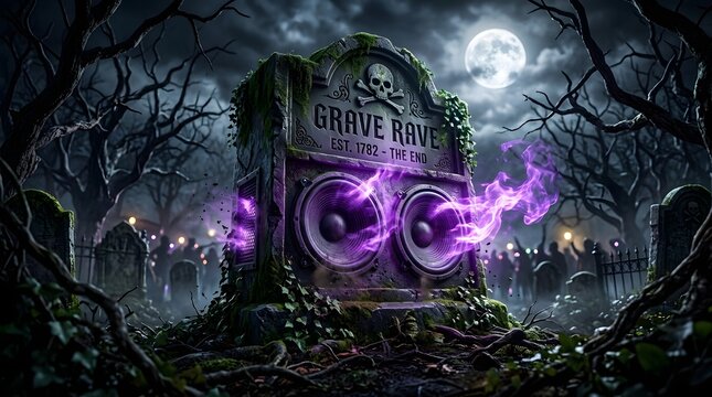 Spooky tombstone with glowing purple speakers in a dark haunted graveyard at night