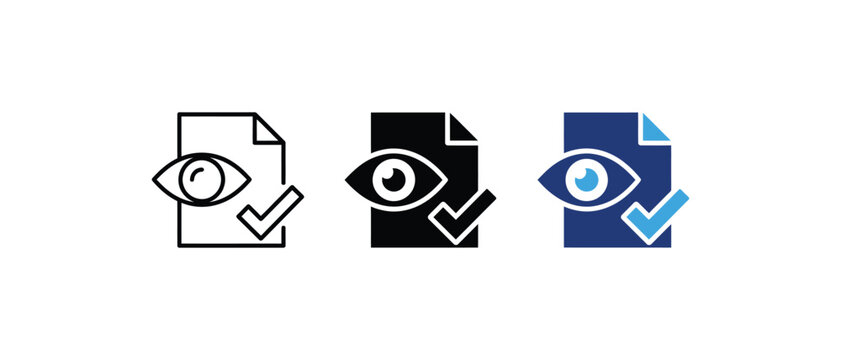 Document view check mark icon, verified file review eye symbol, approved document visibility sign, inspected paper audit graphic. Vector illustration