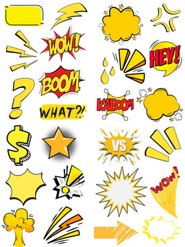 Comic book speech bubbles and action sound effects set with yellow pop art design elements.