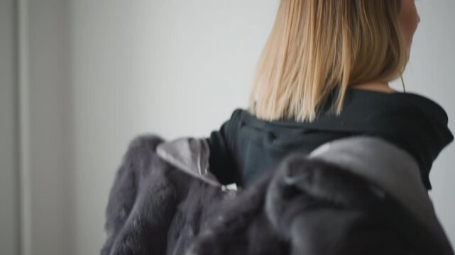 Close up of woman with shoulder length blonde hair wearing off shoulder black top. Woman gradually puts on and adjusts dark gray fur coat revealing texture detail in both her clothing items