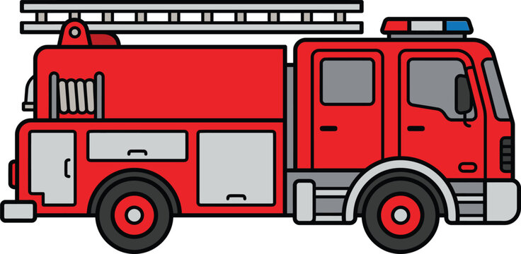 Red fire truck with ladder and lights on white background vector illustration