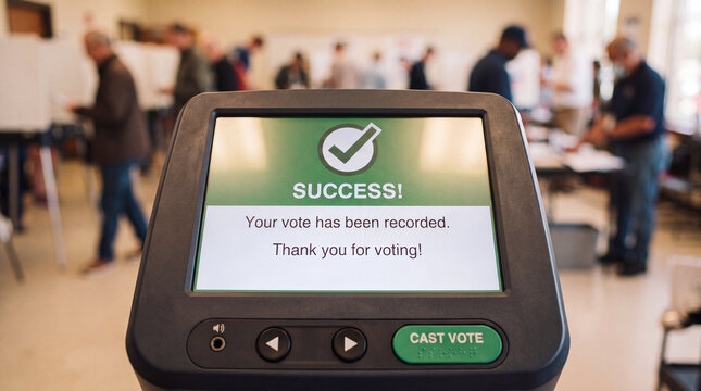 Close up of electronic voting machine screen showing success message. Digital ballot terminal at indoor polling station with blurred voters in background. Democracy and election day concept