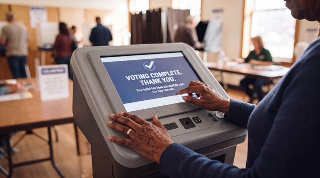 African American senior woman using electronic voting machine at polling station. Hands touching digital screen showing voting complete message. Civic duty and democracy concept
