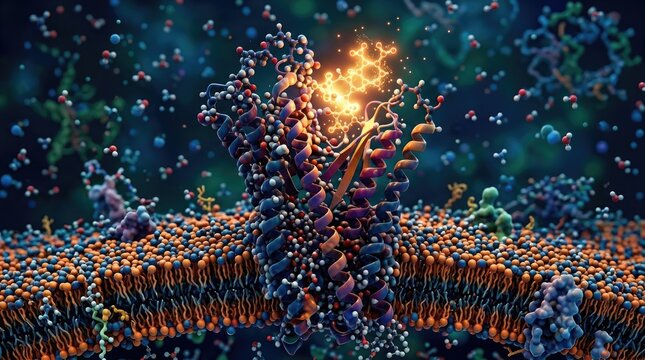 Stem cell membrane receptor protein, transmembrane lipid bilayer structure, ligand molecule binding mechanism, cellular signaling pathway, biotechnology research demonstrating regeneration process.