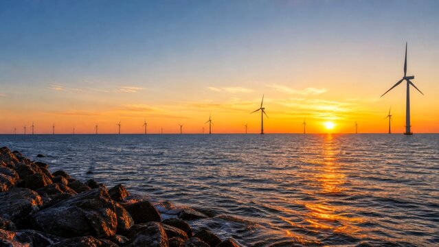 Rocky shoreline overlooking offshore wind turbines at sunset