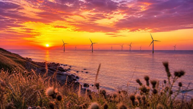 Coastal bluff framing an offshore wind farm beneath vivid sunset clouds