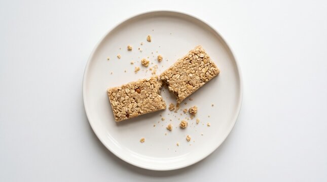 Two rectangular granola bars on white plate, one broken with crumbs scattered, minimalist healthy snack composition highlighting texture and detail.