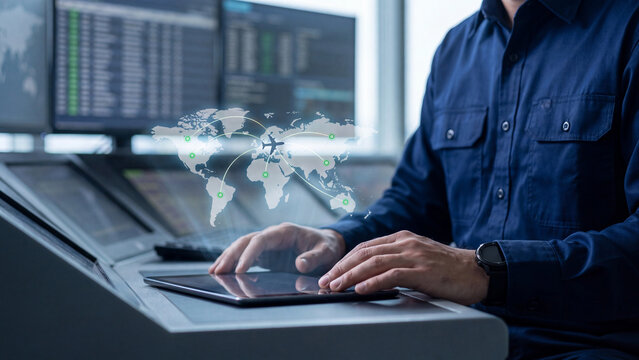 Global Flight Network and Air Traffic Control Concept, operator using tablet with world map, airplane and connected flight routes in control room for global aviation logistics and air transport