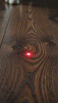 Domestic cat paw pouncing on red laser dot beam, playful kitten chasing glowing light target across dark wooden floorboard, active feline hunting instinct exercise indoors.