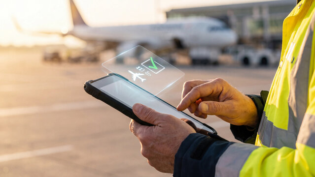 Aviation Ground Crew and Aircraft Ground Handling Operations Concept, airport worker in safety vest using tablet with airplane, cargo and checkmark icons for flight ground operations management
