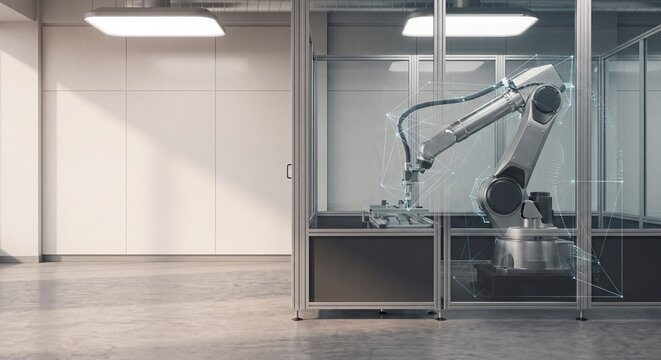 Industrial robotic arm working inside a glass safety enclosure in a modern automated factory