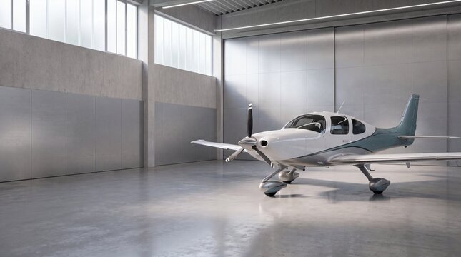 Small propeller plane parked inside a modern spacious hangar with concrete walls and bright natural light