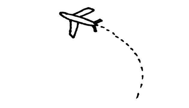 Flying Airplane With Flight Path Hand Drawn Doodle Brush Stroke Outline Travel Illustration