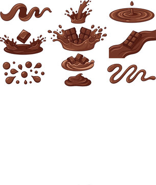 Liquid chocolate splash vector set featuring sweet milk cocoa waves drops flowing streams crown splashes ripple swirl and solid dark candy bar pieces